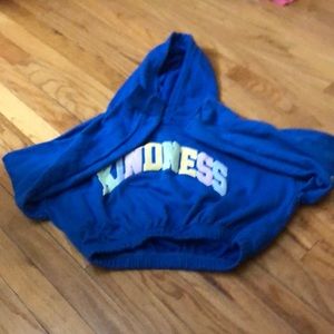cropped blue long sleeve with the word “kindness” on it